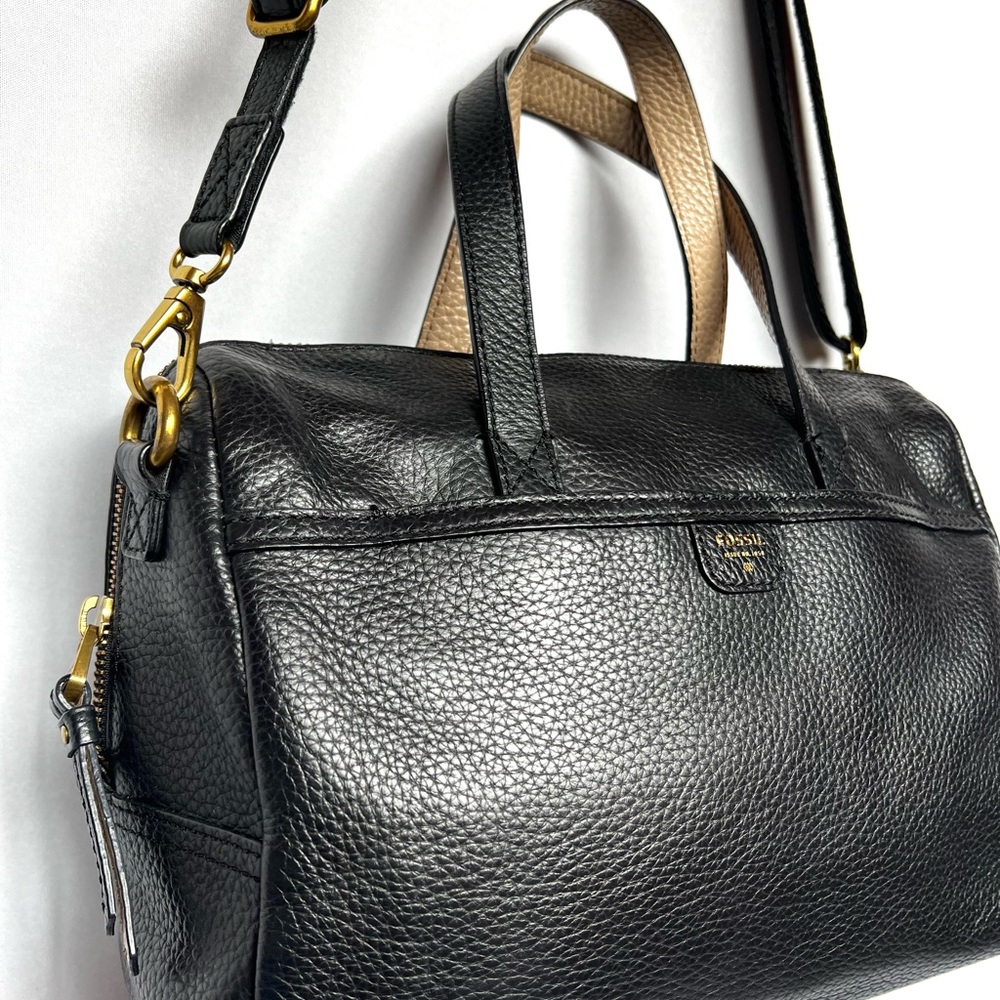 Fossil Black Pebbled Leather Satchel Bag Crossbody Top Handle Bowler Purse - Picture 5 of 13